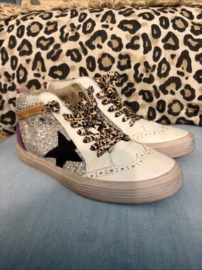 ShuShop Rina White Glitter Star High-Top Sneakers with Leopard Laces